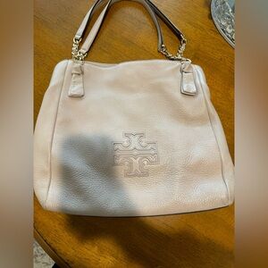 Tory Burch Pebbled Leather Tote in Light Pink Cream with Gold Hardware